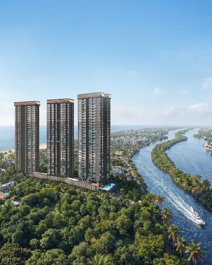 Aerial view of Ocean Cliffs towers surrounded by greenery