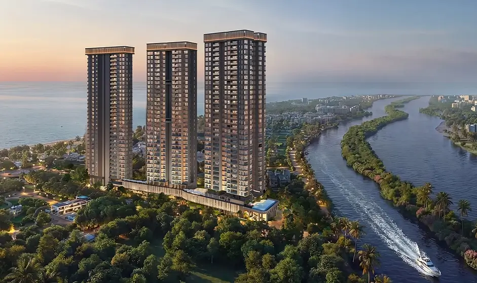 Ocean Cliffs towers at dusk with the river and coastline